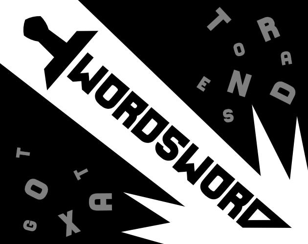 A black and white typographic logo that reads 'WORDSWORD'. The D is pointed, and a crossguard with hilt is placed next to the W, so that the word appears like a sword. The logo sword strikes the corner of the frame, scattering letters around it.